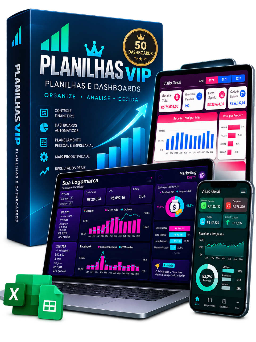 Mockup com notebook e telas exibindo dashboards